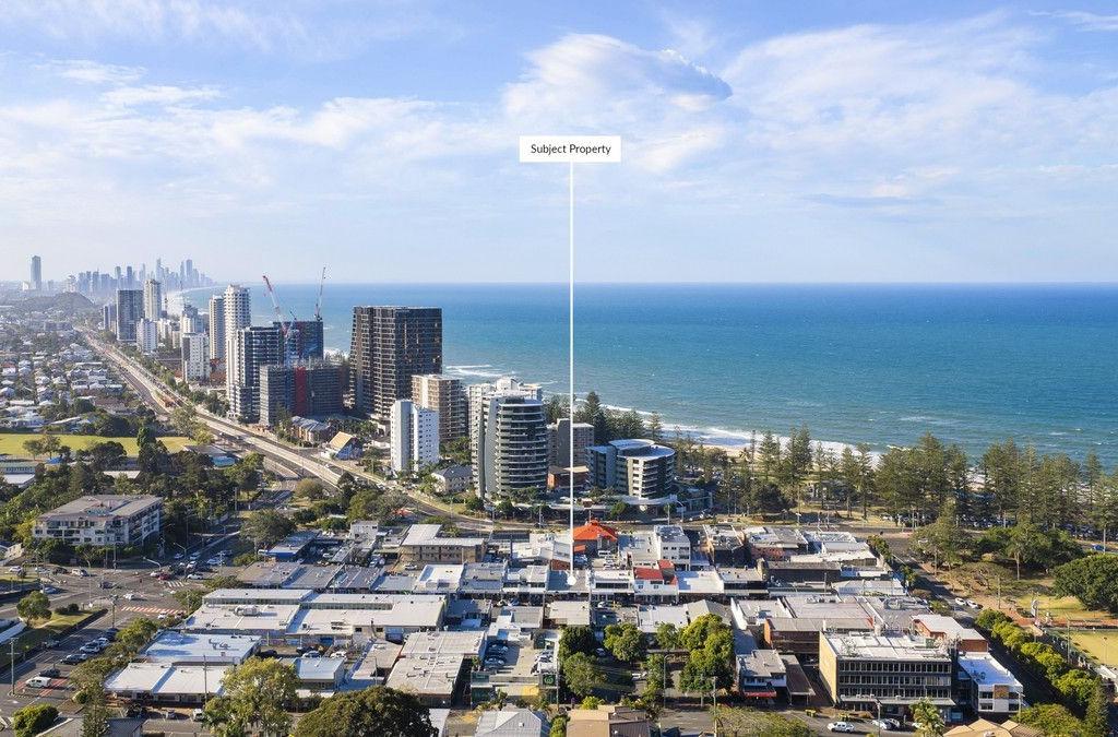 Aerial view of Burleigh Heads showing the subject property on James Street